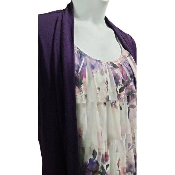 Purple Attached Cardigan Floral Ruffle Sleeveless Layered Womens Top Size Large - Picture 4 of 7